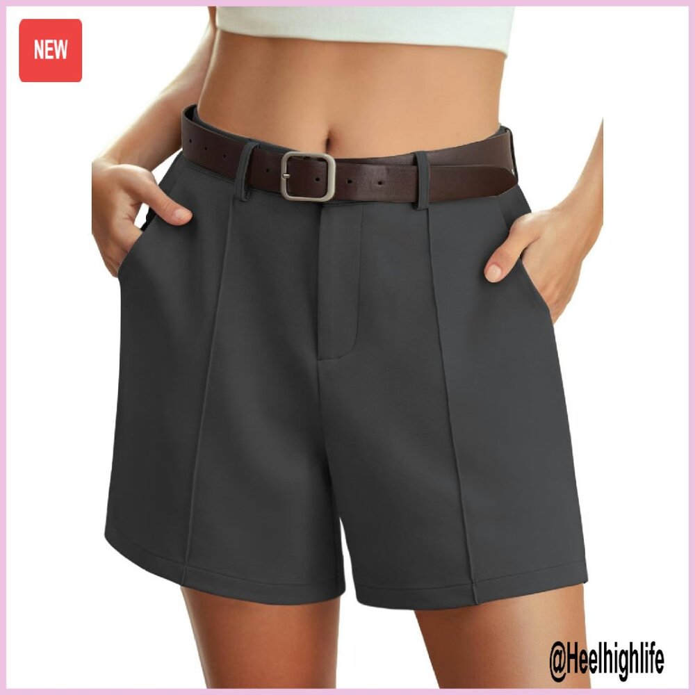 High Waisted Elastic Wide Leg Pleated Shorts Polyester Spandex Work Casual